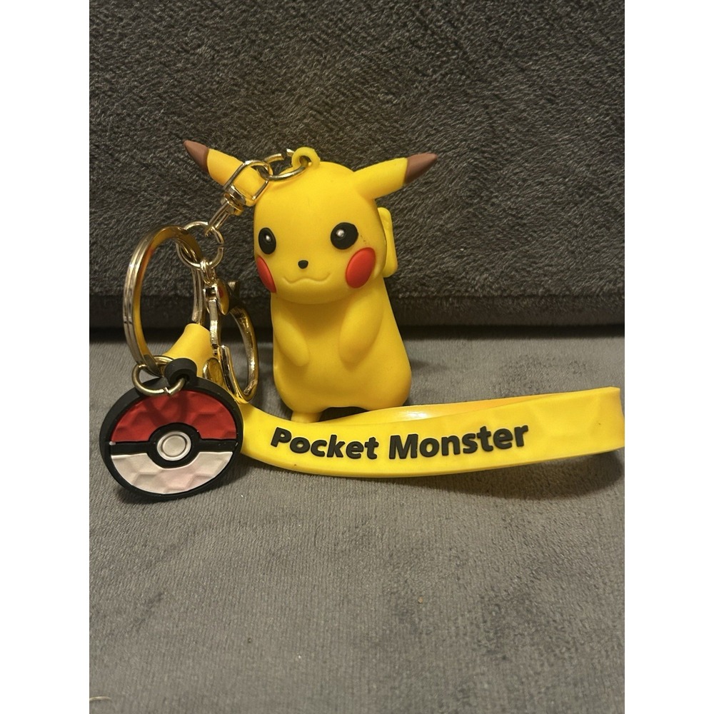 Pokemon Pikachu Keychain Pokeball Pocket Monster Yellow Rubber Charm Key Ring
